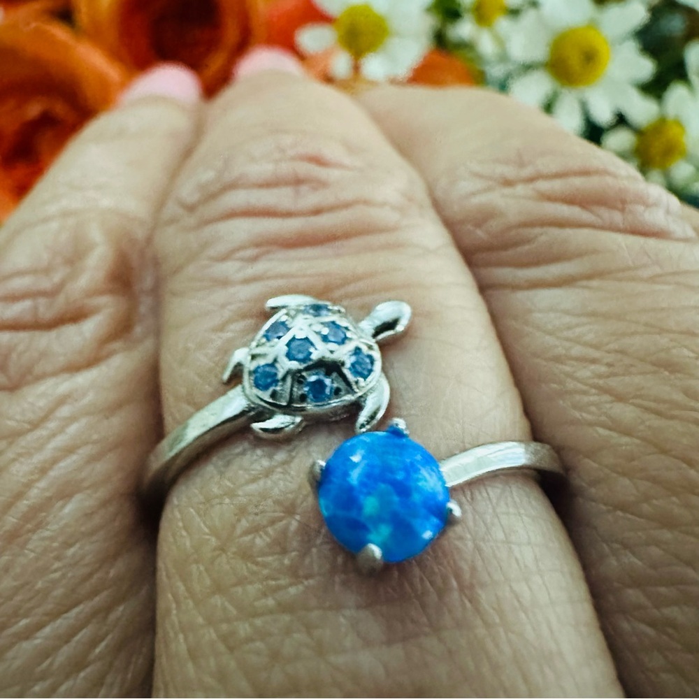 Sterling Silver 925 Turtle and Blue Opal Ring Love Mother Nature Adjustable